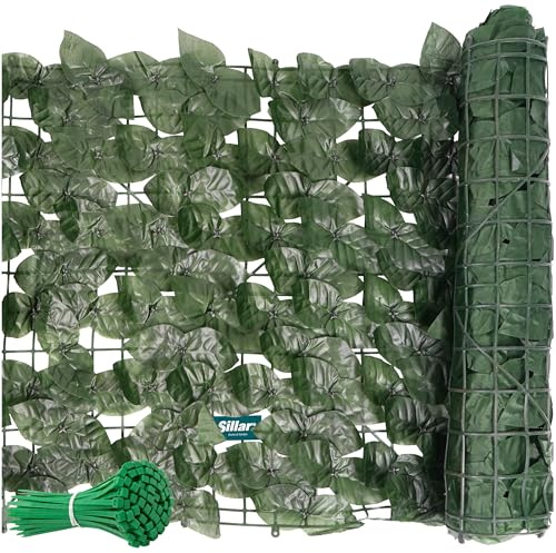 Sillar Siepe Artificiale da Esterno, 12 Pezzi, 3 x 0,5 m, Edera Finta, Frangivista Balcone, Rete con Foglie Finte per Recinzione, Terrazzo, Ringhiera, Giardino, Verde