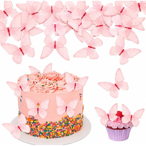 KAFZEL 48 piezas Paquete mariposas de papel de arroz glutinoso para decoración de pasteles, adornos para cupcakes, decoraciones cumpleaños, bodas y niñas (rosa)