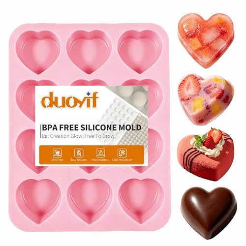 duoyif Silikonform Herz 12 Löcher Ø 5 cm Silikonackform Herzform | Schokoladenform Herzförmiger BPA-frei Antihaft, Muffinform Herz, Gießform, Kuchenform Für Mousse Gelee Eis Whiskey Cocktail