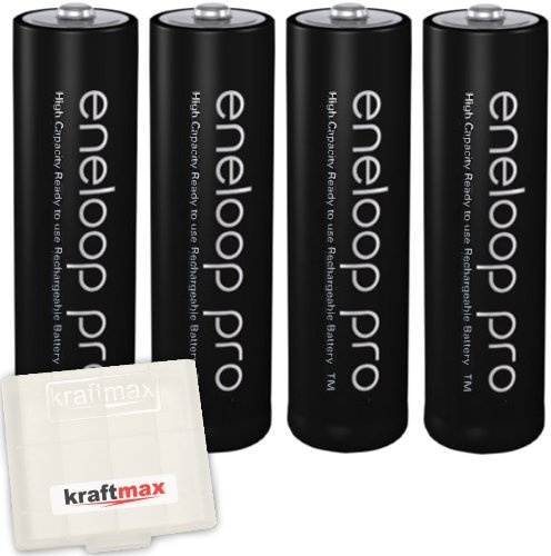 kraftmax 4er Pack Panasonic Eneloop PRO XX AA/Mignon Akkus - Neueste Generation - 2550 mAh Hochleistungs Akku Batterien Akkubox V5