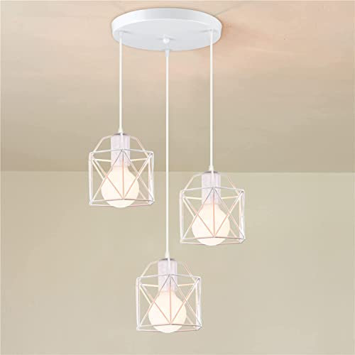 iDEGU Lampadario a sospensione Vintage, 3 Luci Lampade a Sospensione E27 in Metallo Ø15 Gabbia Design Esagono Retrò Lampada da Soffitto per Camera da Letto, Cucina, Sala da Pranzo (25cm Base, Bianco)
