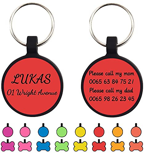 Uiopa 2 Stück Hundemarke mit Gravur, Knochen/Runde Hundemarke Personalisiert Silikon Adressanhänger Hund und Katze Hundemarken, Hundehalsband Anhänger für Hunde und Katzen (Runden Rot)
