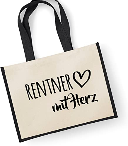 Huuraa Jutetasche Rentner mit Herz Geschenk 21 Liter Black Jute und Baumwolle Einkaufstasche Rentner Geschenkidee