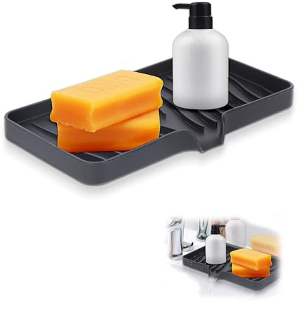 NiCoLa Silicone Sink Trays, 1pcs Black Silicone Sink Tray Draining Mat, Long Kitchen Soap Tray Organiser for Bathroom Kitchen Worktop