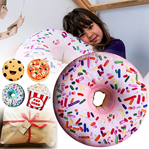 FUN KISSEN | Donut XXL 45cm, Pop Corn, Pizza, Cookie Kissen mit GRATIS Geschenk Verpackt, sicheres OEKO TEX Kinderkissen Material, Kopfkissen für Kinder, dekoratives & lustiges Kissen (Donut XXL Rosa)