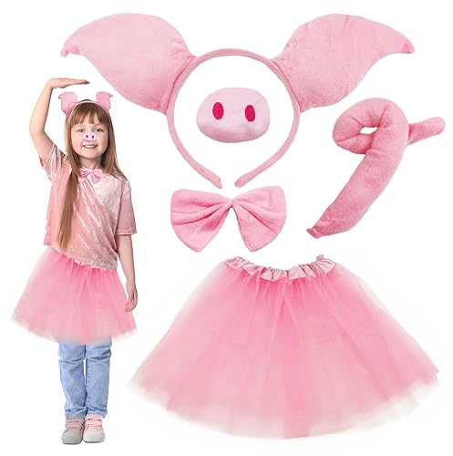 SKHAOVS 5-teiliges Schweine-Kostüm-Set, Tutu-Rock, Kostüm, Ohren, Schwanz und Fliege, rosa Tier-Schweineohr-Stirnband, rosa Schweine-Kostüm-Set für Kinder, Halloween-Party, Kostümpartys