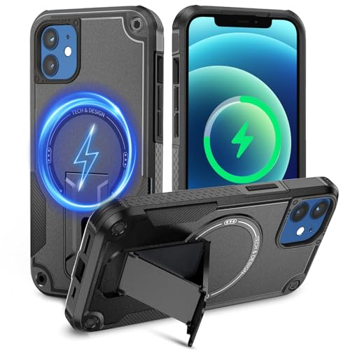 Tuvror for iPhone 12/12 Pro Case with Stand, Magnetic Phone Case, Black | Compatible with MagSafe, Built-in Kickstand, Rugged Protection Heavy Duty Shockproof Case for iPhone 12/iPhone 12 Pro