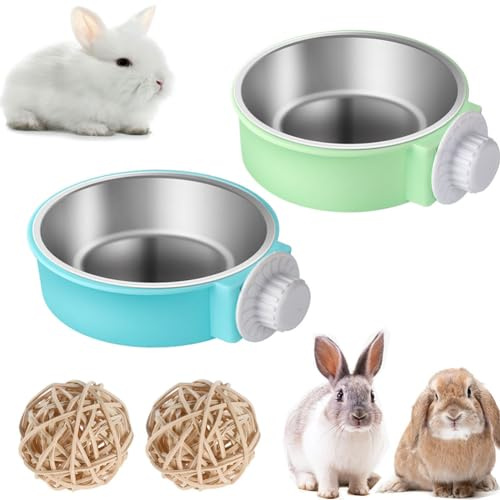 Rabbit Bowls Set, Big Pet Bunny Food Bowls Small Animals Cage Bowl and Stainless Steel Hanging Water Food Feeder Bowls for Big Bunny Food Dish (2 PCS)