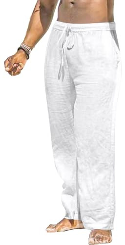 MakingDa Men's Linen Trousers Summer Yoga Pockets Loose Fit Casual Lightweight Drawstring Elasticated Waist Straight Wide Leg Lounge Pants Beach Breathable Soft Pyjama Bottoms White 32 2XL