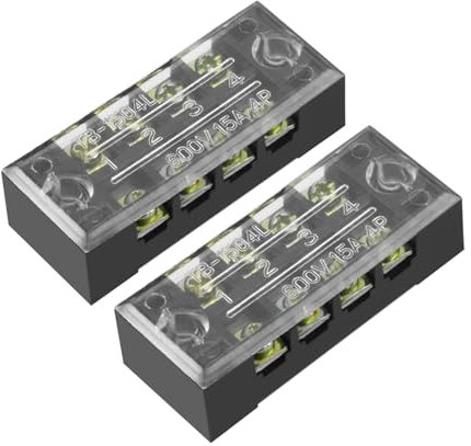 Rebower 4 Positions Dual Rows 600V 15A Terminal Strip Blocks Barrier Screws (with Cover), [for Wires Connecting, Electronic Circuits] - 2 Pack/Black/TB-1504L