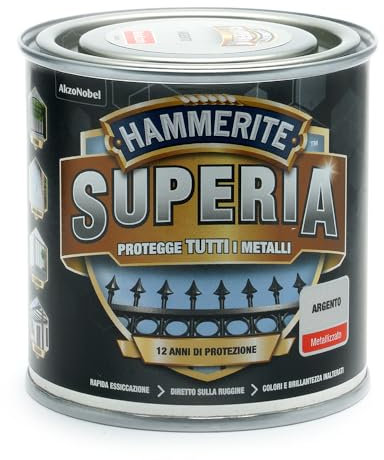 Hammerite Superia smalto metallo antiruggine interno e esterno, Metallizzato Argento, 250 ml
