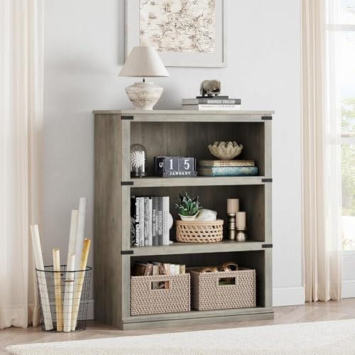 Litake Bücherregal Mit 3 Fächern Bücherschrank Würfelregal Freistehend Standregal Büroregal Aufbewahrungsregal Aktenregal für Wohnzimmer Schlafzimmer Büro Grau