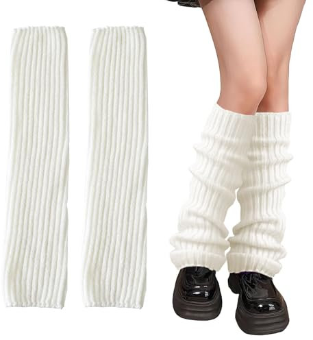 Shyllin Langer Beinwärmer Damen, Gestrickte Beinstulpen, Stulpen Damen Winter Stiefel, Kniestrümpfe für Frauen Mädchen, Knöchelwärmer Weiß, Legwarmers für Ballett, 42 cm