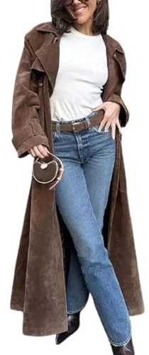 HULKAY Suede windbreaker women's long windbreaker, autumn and winter coat, artificial leather double breasted jacket, vintage jacket with belt, thick and warm (UK, Alpha, S, Regular, Regular, Brown)