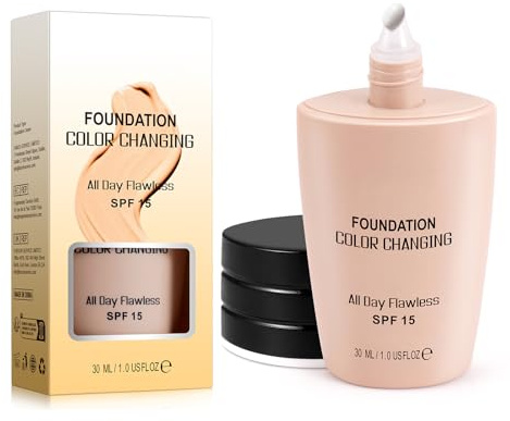 Color Changing Foundation, Face Cover Concealer Cream, Warm Skin Tone Foundation, Moisturizing Liquid Foundation Makeup Base, Waterproof Poreless Foundation SPF15, Pack of 1 (B, 30ML)