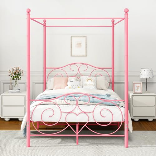 HAHRIR Telaio per letto a baldacchino, Piattaforma 120 x 200 cm, in metallo, doghe e supporti in acciaio, con testiera e pediera non necessari, 120 x 200 cm, rosa