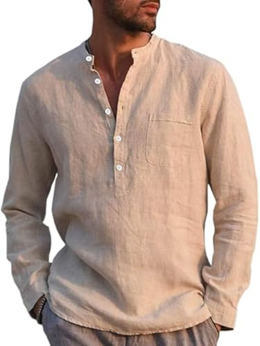 Runcati Camisa de lino para hombre, manga larga, algodón, lino, camisa de ocio, corte regular, para playa, verano, caqui, XXL