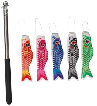 Folpus 5X Drapeaux de Carpe Japonais Koinobori Décor, Cachée, Durabilité Streamer en Carpe Japonaise pour Pelouse de Patio, Manche à Air de Carpe Japonaise Festival Décoration Suspendue 70cm