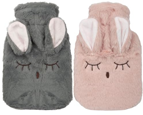 A2Z Värmeflaskor 3D Djur Kanin Mjukt Plysch Fleeceöverdrag 1 Liter Hållbar Läckagesäker - Hot Bottle HB1158 Grey/Pink
