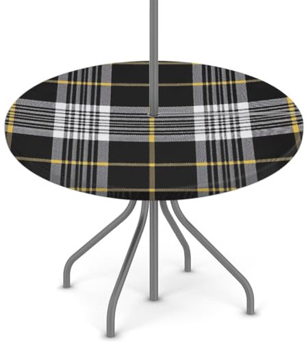 Woltant Tovaglia rotonda con foro per ombrellone e cerniera, facile da pulire, con bordi elastici, protezione per tavolo da esterno, per giardino, patio, barbecue (plaid nero)
