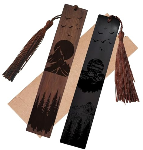 craspire 2 Stück Holz Lesezeichen Berglandschaft Sonnenaufgang Sonnenuntergang Vogel Baum Gravur Rechteckig Vintage Naturholzschnitzerei Quaste Lustiges Geschenk Für Buchliebhaber Geburtstag Leser