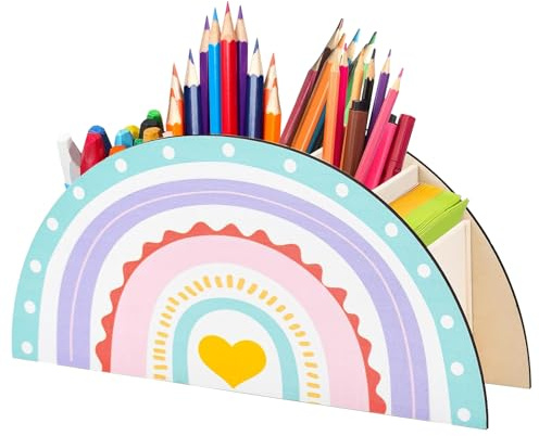 Stiftehalter Kinder,ESYFOR Schreibtisch Organizer aus Holz Regenbogen Schreibtisch Organizer Multifunktions Stifthalter mit 5 Fächern für Kinder Mädchen Büro Schule Klassenzimmer