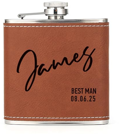 Hip Flask Personalised Hip Flask for Men Custom Engraved PU Leather Hip Flasks Whisky Flask Wedding Best Man Gifts for Usher Groomsmen Groom Father of The Bride (Brown, Design 3)