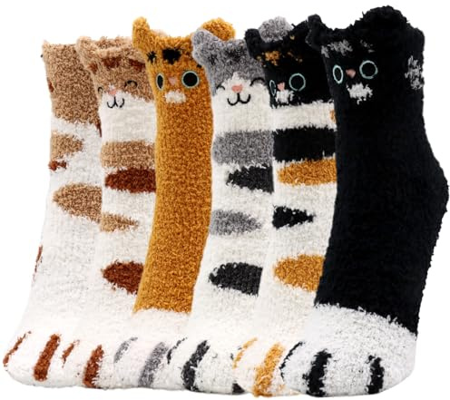 Scettar 6 Pares Calcetines de Garra de Gato Calcetines Mullidos de Sueño Gato calcetines Calentitos Mujer calcetineS para Dormir para Casa Dormir Cama Calcetine Regalo - Suaves y Esponjosos