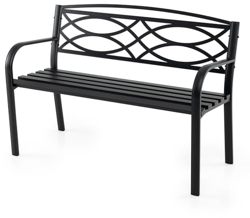 GOPLUS Trädgårdsbänk, sittbänk utomhus för bakgård, poolområde, veranda, park, balkongbänk metall för bakgård, poolområde, veranda, park, parkeringsbänk för bakgård, poolområde, veranda, park