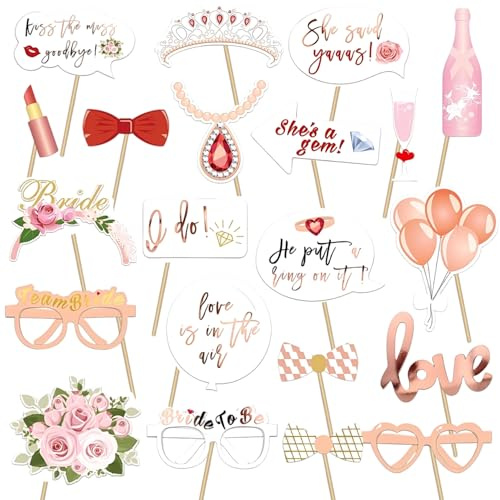 23Pcs Rose Gold Wedding Photo Booth Props Set for Bridal Showers, Bachelorette Parties & Team Bride Celebrations
