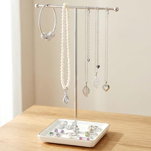 galasily Jewelry Holder Stand with Ceramic Base: 12 Tall Necklace Organizer Rack, Tree Design Display Storage for Necklaces, Bracelets, Rings, Earrings, Aesthetic Vintage Room Décor (Silver)
