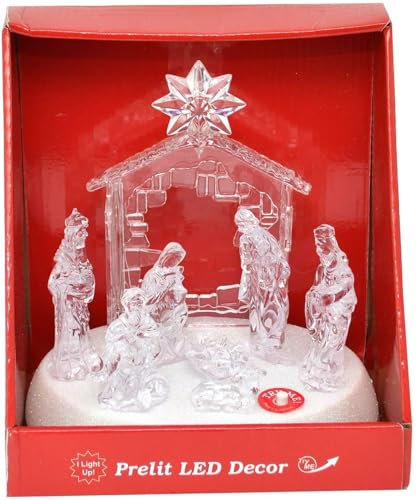 20cm Christmas Pre-Lit LED Musical Nativity Scene Acrylic Sculpture Battery Operated Light Up Xmas Tabletop Home Decorations