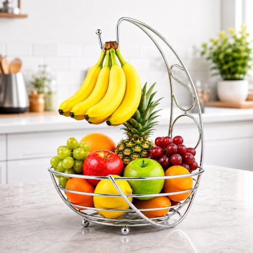Glow Fruit Basket with Banana Holder - Stylish Premium Chrome Home Kitchen 2 in 1 Large Wide Wire Frame Display Fruit Bowl Basket with Banana Hanging Hanger Tree Hook and Round Worktop Safe Feet