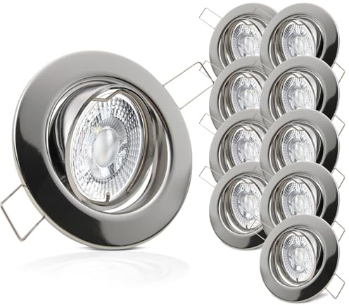 trendlights24 Decora LED Decken Einbaustrahler flach 35 mm 5W 230V 10er Set | Chrom glänzend, rund, LED Spots, Warmweiß, 3000k, 400lm, austauschbar, Einbauleuchte, schwenkbar, 68 mm Lochmaß