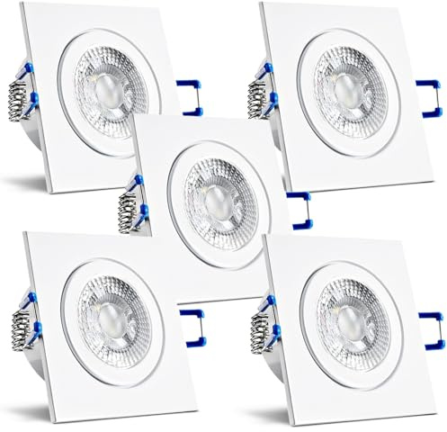 trendlights24 Mare IP44 Bad LED Einbaustrahler 230V Weiß eckig 3 Stufen dimmbar ultra flach 35 mm 5er Set 5W Warmweiß Einbauleuchten für Feuchtraum