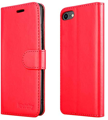 iCatchy iPhone SE 2022/2020, 8, 7 Leather Wallet Book Flip Folio Stand View Case Compatible With iPhone SE 2022/2020 (Red)