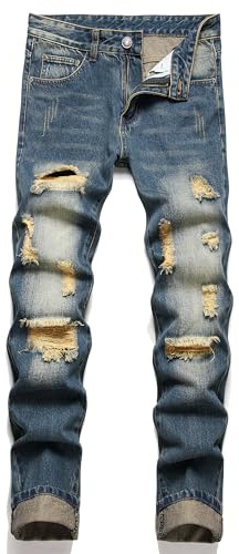 AITITIA Men's Ripped Regular Fit Jeans (34, 335 Blue)