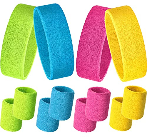 12 Pcs Sweatbands Set Neon Colors Headbands and Wristbands for Men Women Moisture Wicking Sweat Absorbing Workout Cotton Headbands 80s 90s Party(Rose Red, Fluorescent Yellow, Sky Blue, Light Yellow)