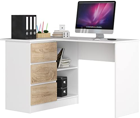 AKORD Eck-Schreibtisch B-16 mit 3 Schubladen und 2 Ablagen | Schreibtisch | ecktisch | Eck Schreibtisch für Home Office | Einfache Montage | B124 x H77 x T85, 48 kg Weiß & Sonoma-Eiche Front