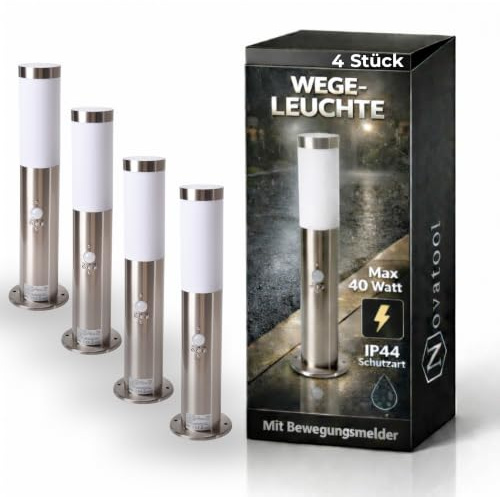 Novatool 4x Wegeleuchte I 45 cm I mit Bewegungsmelder I Edelstahl I IP44 I E27 Sockel I Wegebeleuchtung aussen Aussenleuchten Garten Standleuchte Terassenleuchte Gartenleuchte stehend