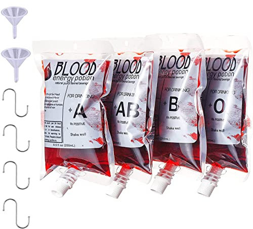 20 Pcs Halloween Blood Bag for Drinks IV Bags,2 Funnels,4 S Hooks, 250ml Blood Bags Drink Pouches Halloween Blood Containers Novelty Item Bag Halloween Props Vampire Diaries Cosplay Zombie Party Decor