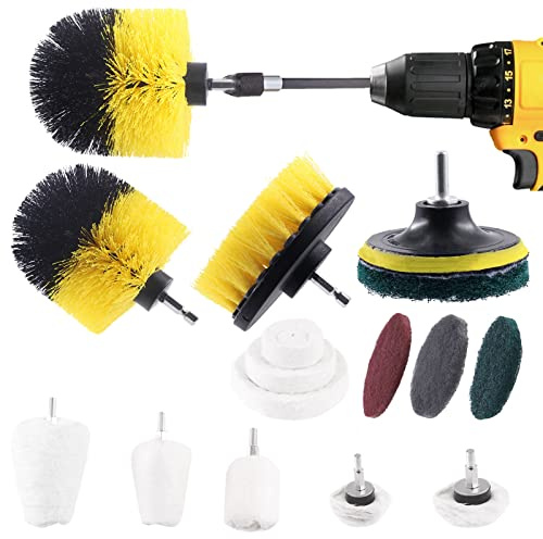 Swpeet Lot de 16 tampons de polissage en coton de 5.1 cm, 7.6 cm, 10.2 cm, roue de polissage et perceuse,Brosse à récurer pour carrelage avec kit de brosse de forage, les bijoux, etc