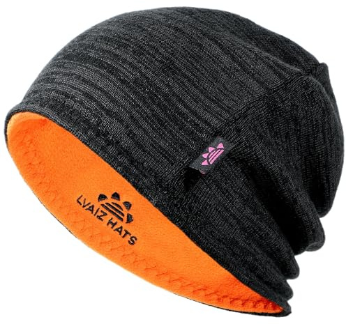 Lvaiz Berretto Invernale Foderato in Pile Lavorato a Maglia Cappelli per Uomo Reversibile Antivento Orologio Cappello Caldo Teschio per Donna, Nero + Arancione, Taglia Unica