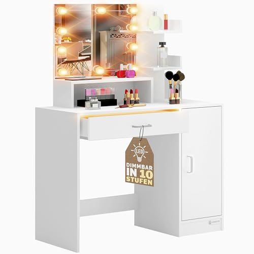 Casaria® Schminktisch mit Spiegel LED Beleuchtung Weiß Schubladenbeleuchtung 3 Regale Kosmetiktisch Make-up inkl. Fernbedienung klein Holz 90x40cm