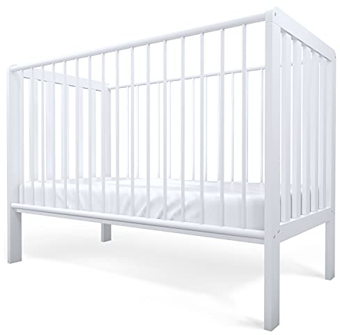 Staboos Baby Bett - Massivholz Kinderbett 70x140cm - 100% Buchenholz Babybett weiß - Gitterbett inkl. höhenverstellbarem Lattenrost - Made in EU