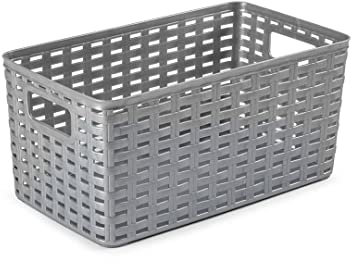 CABLEPELADO Cesta de Almacenamiento Organizador | Cesta de Almacenaje Multiuso | Caja Organizadora | Cesta de baño | 13 cm Altura x 28 cm Largo x 15 cm Ancho | Capacidad 5 litros | Rattan | Gris