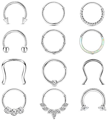 KALVICA 12 Piezas 16G Septum Piercing Nariz Aro Acero Inoxidable Piercing Helix 8/10mm Dorado Plateado Pendientes Nariz Anillo Nasal Pendientes Anillo Labial Conjunto de Punción Piercing Joyería