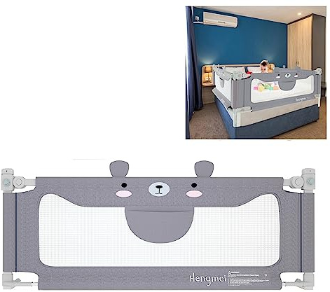 JOIEYOU Bettgitter Rausfallschutz Bett Höhenverstellbar 150cm Bettschutzgitter mit Schnallendesign für Babys und Kinder Bed Rail Kinderbettgitter, Grau Kleiner Bär