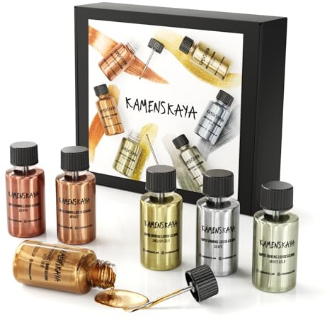 KAMENSKAYA Liquid Leaf Paint Set: Alkoholbasis, schnell trocknend, flüssige Vergoldung: sattes Gold, englisches Gold, Weißgold, Bronze, Kupfer, Silber, 6 Stück je 20 ml