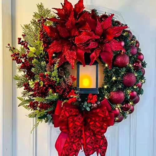 40cm Türkranz Weihnachten, Weihnachtskranz Haustür, Adventskranz Künstlich mit Laterne, Kugeln, Beeren & Schleifen - Weihnachtskranz für Innen & Außen Bereich, Xmas Dekoration (Rot)